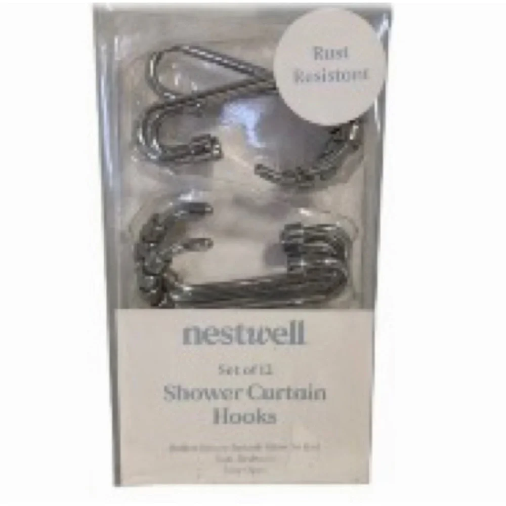 NESTWELL Silver Shower Curtain Hooks with Rollers Full Closure Set of 12